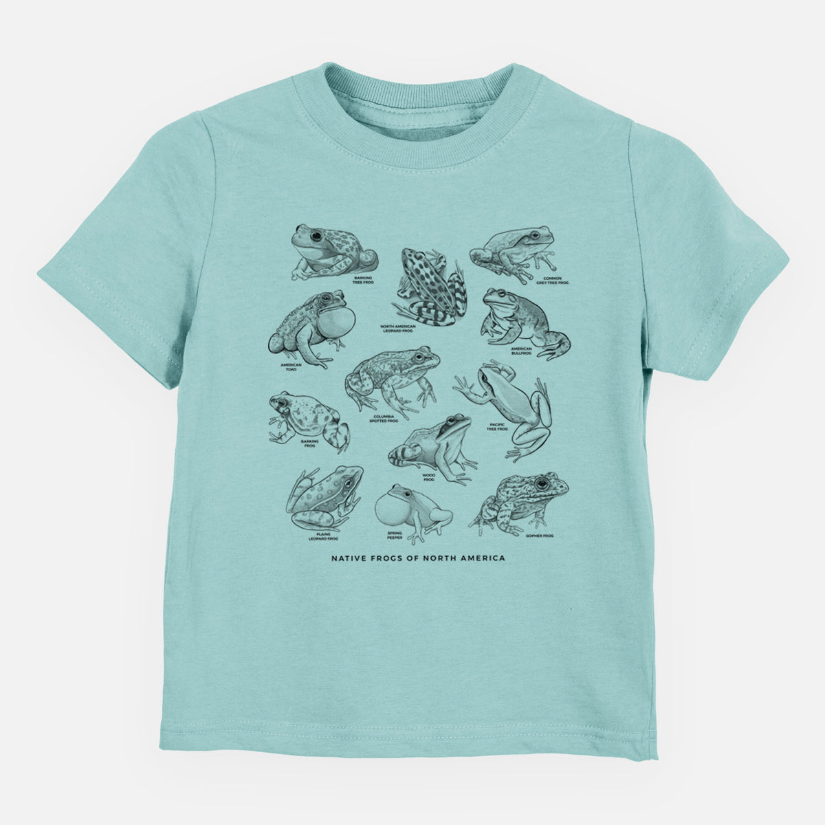 Saltwater toddler t-shirt laid flat, printed with a chart of black ink illustrations of North American frog species.
