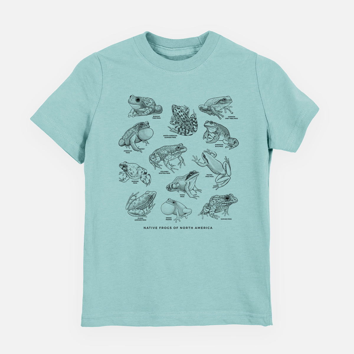 Saltwater youth t-shirt laid flat, printed with a chart of black ink illustrations of North American frog species.