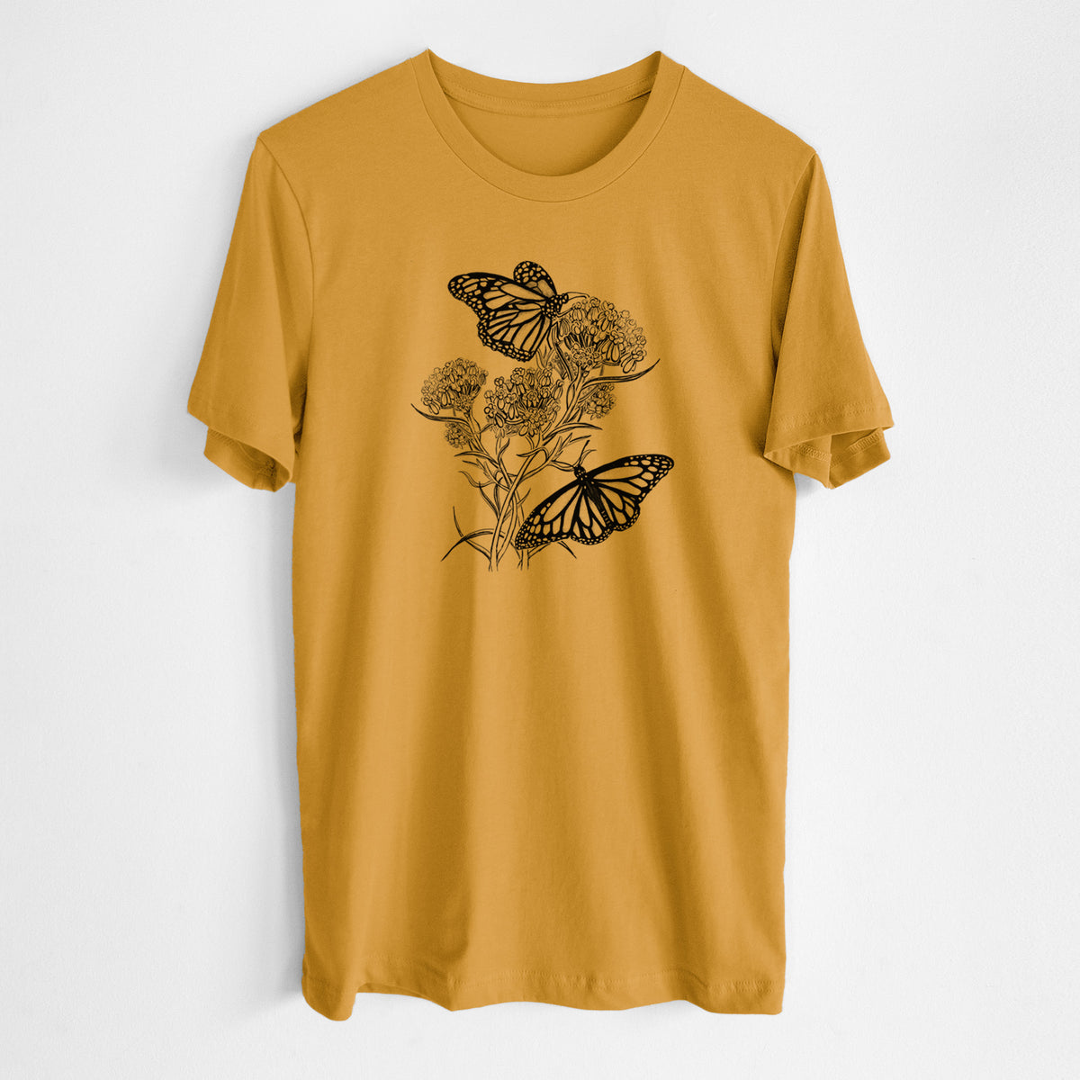 Honeycomb yellow lightweight cotton t-shirt laid flat, printed with a black ink illustration of two monarch butterflies on flowering milkweed.