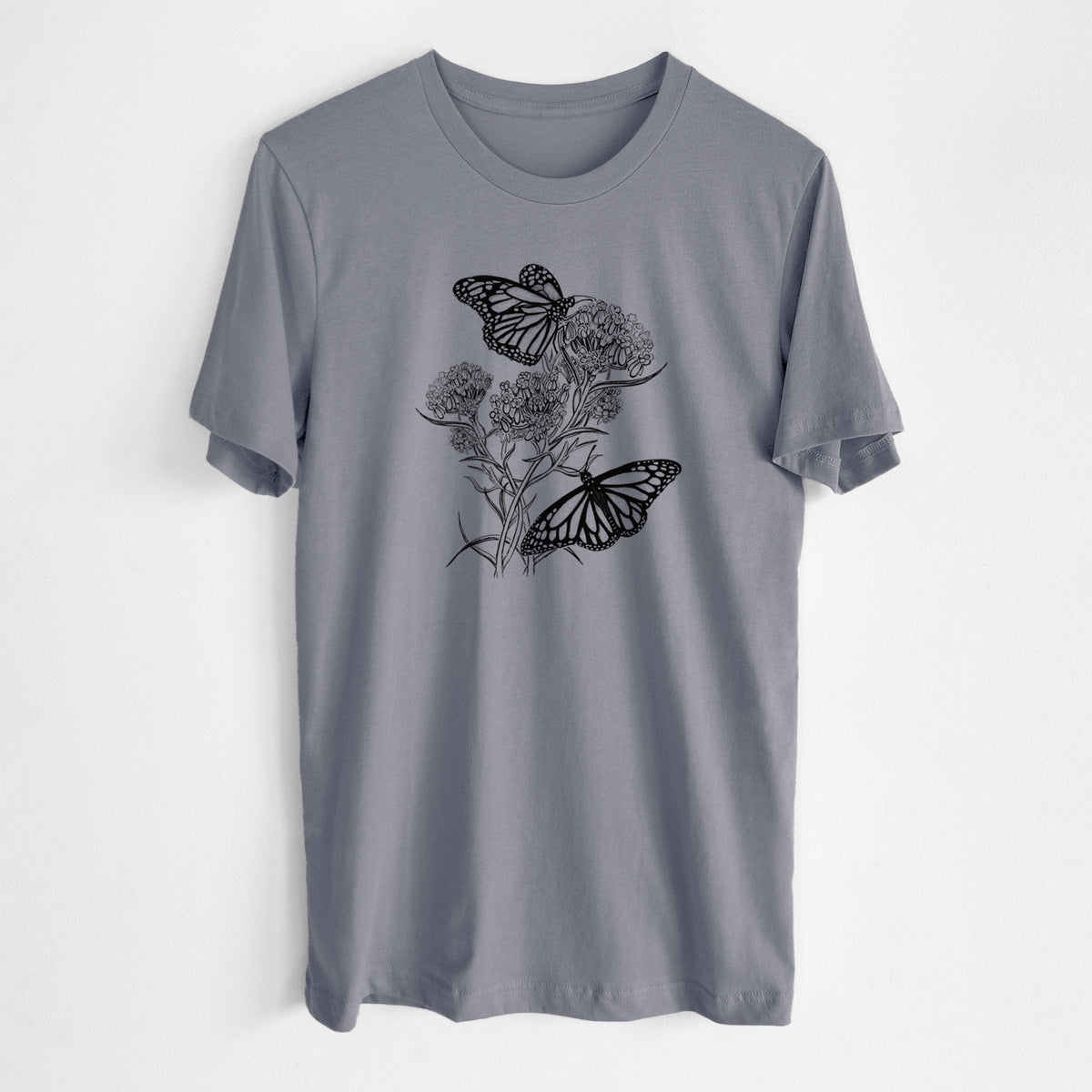 Storm grey lightweight cotton t-shirt laid flat, printed with a black ink illustration of two monarch butterflies on flowering milkweed.