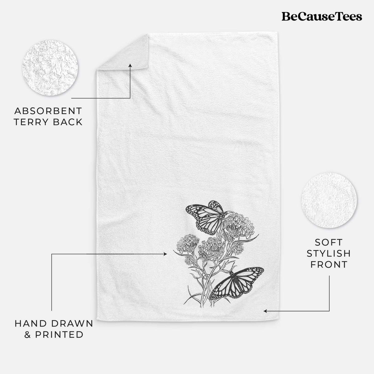 White hand towel printed with a black ink illustration of two monarch butterflies on flowering milkweed.