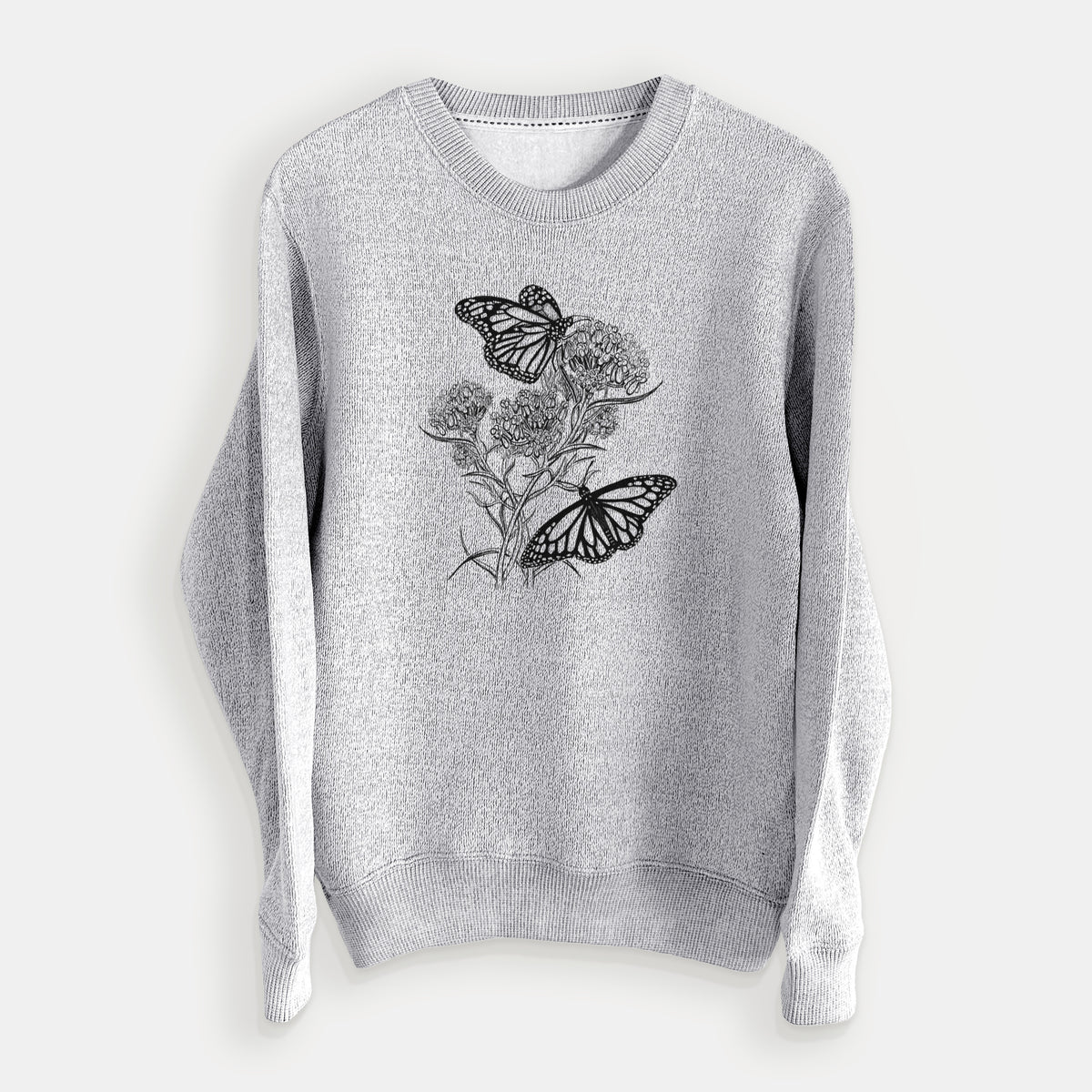 Salt and pepper knit sweatshirt laid flat, printed with a black ink illustration of two monarch butterflies on flowering milkweed.