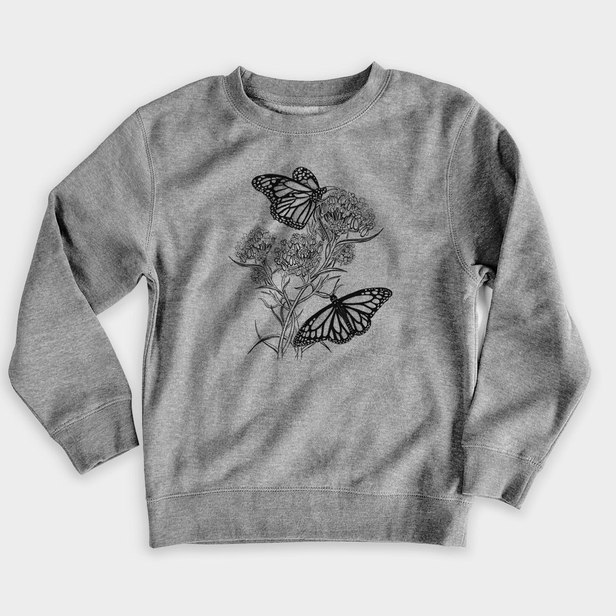 Nickel grey youth crewneck sweatshirt laid flat, printed with a black ink illustration of two monarch butterflies on flowering milkweed.