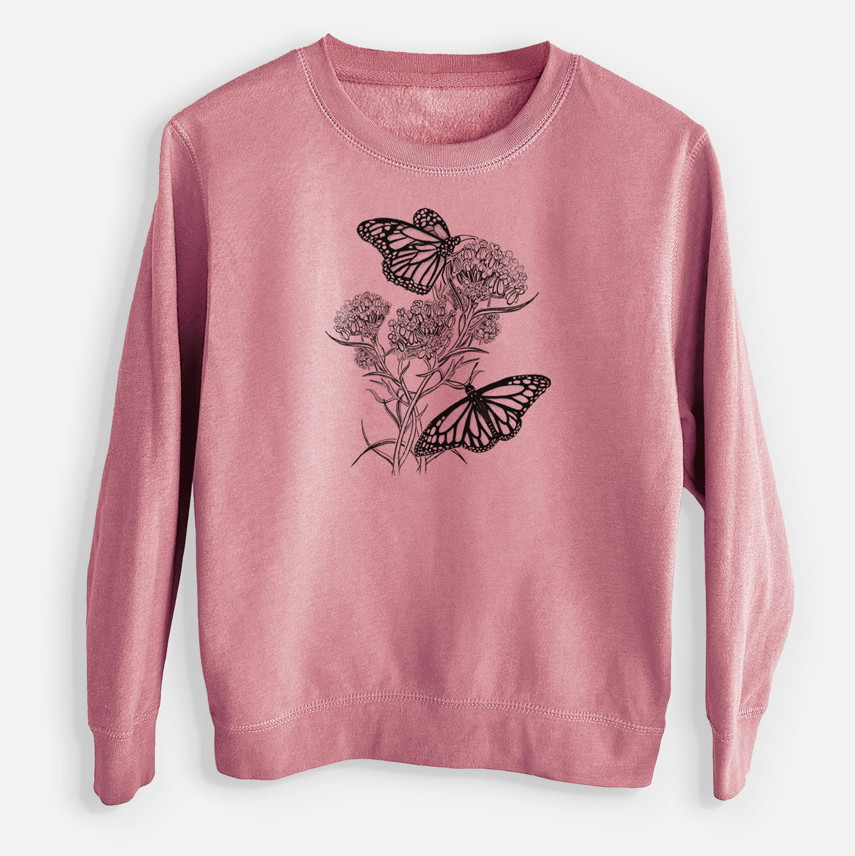 Mauve pink youth crewneck sweatshirt laid flat, printed with a black ink illustration of two monarch butterflies on flowering milkweed.