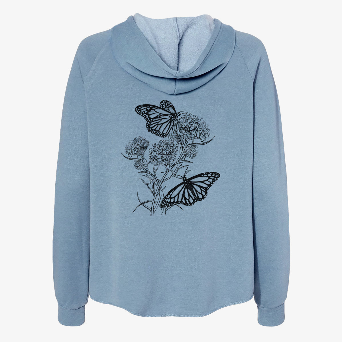 Misty blue women's Cali Wave zip-up sweatshirt laid flat, printed with a black ink illustration of two monarch butterflies on flowering milkweed.