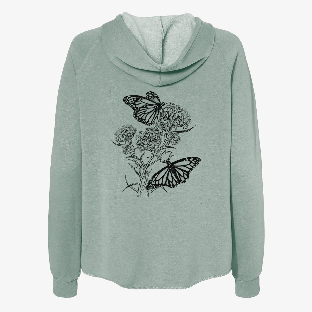 Sage green women's Cali Wave zip-up sweatshirt laid flat, printed with a black ink illustration of two monarch butterflies on flowering milkweed.