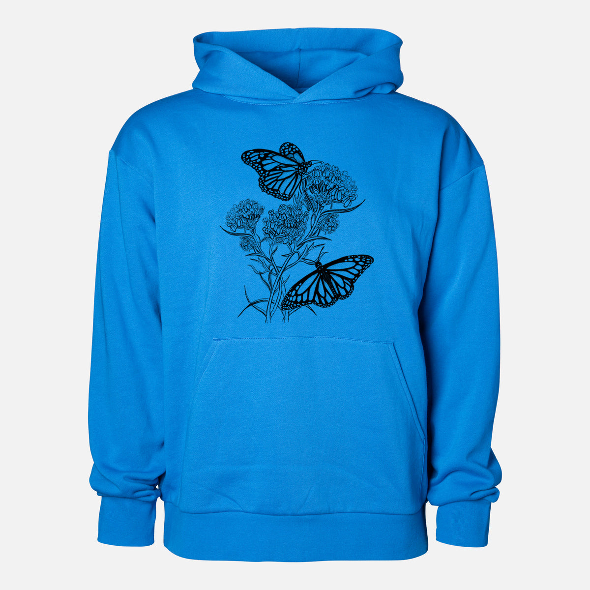 Narrowleaf Milkweed with Monarchs - Statement Midweight Hoodie in Azure Blue, shown from the front with the design printed on the chest above a front kangaroo pocket.