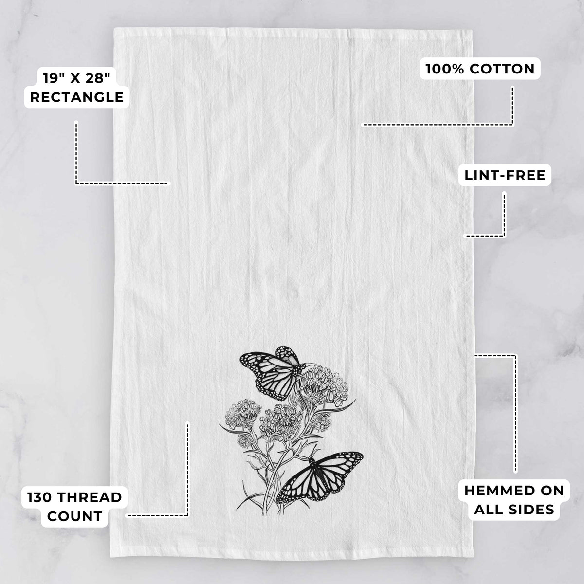 White tea towel printed with a black ink illustration of two monarch butterflies on flowering milkweed, with feature labels: 19 by 28 inch rectangle, 100% cotton, lint-free, 130 thread count, hemmed on all sides.