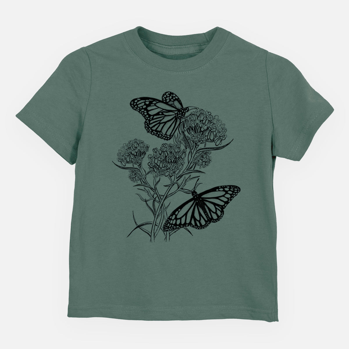 Basil green toddler t-shirt laid flat, printed with a black ink illustration of two monarch butterflies on flowering milkweed.