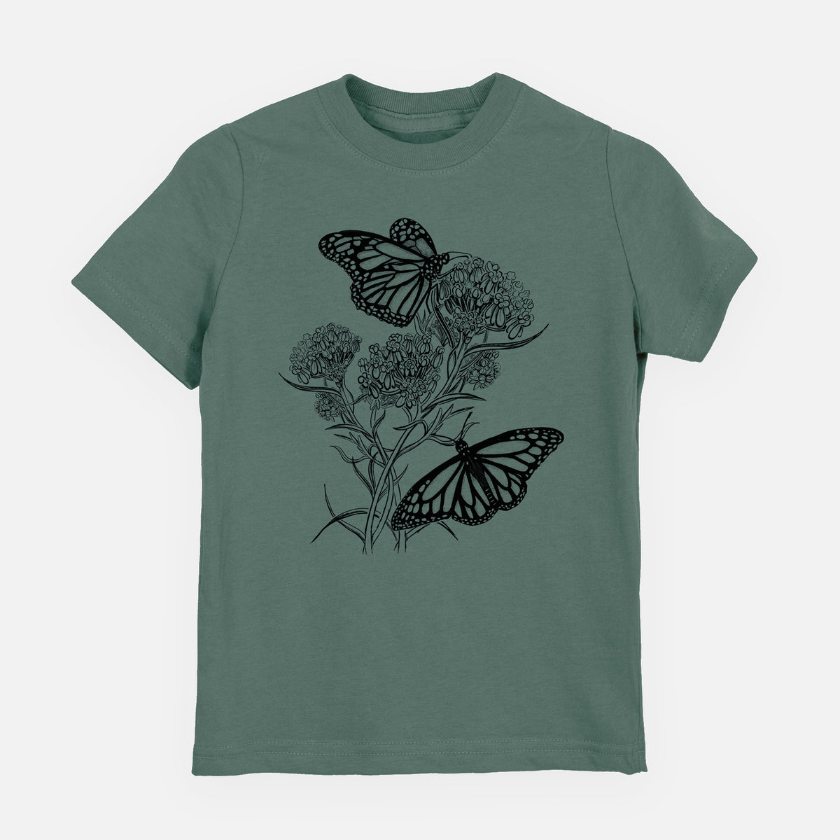 Basil green youth t-shirt laid flat, printed with a black ink illustration of two monarch butterflies on flowering milkweed.