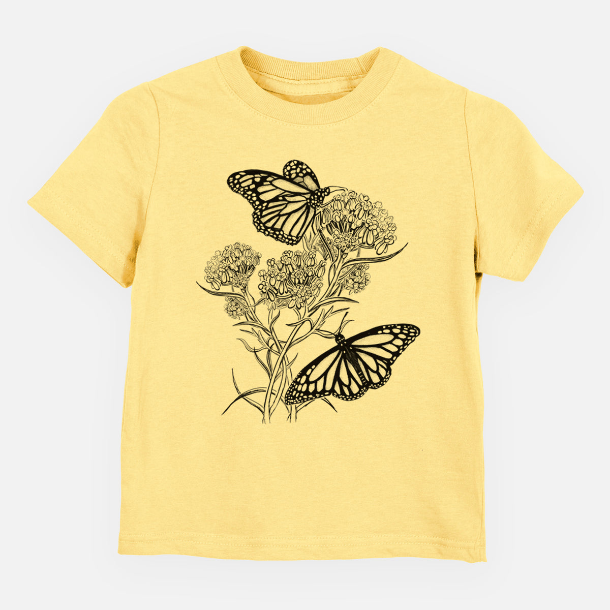 Butter yellow toddler t-shirt laid flat, printed with a black ink illustration of two monarch butterflies on flowering milkweed.