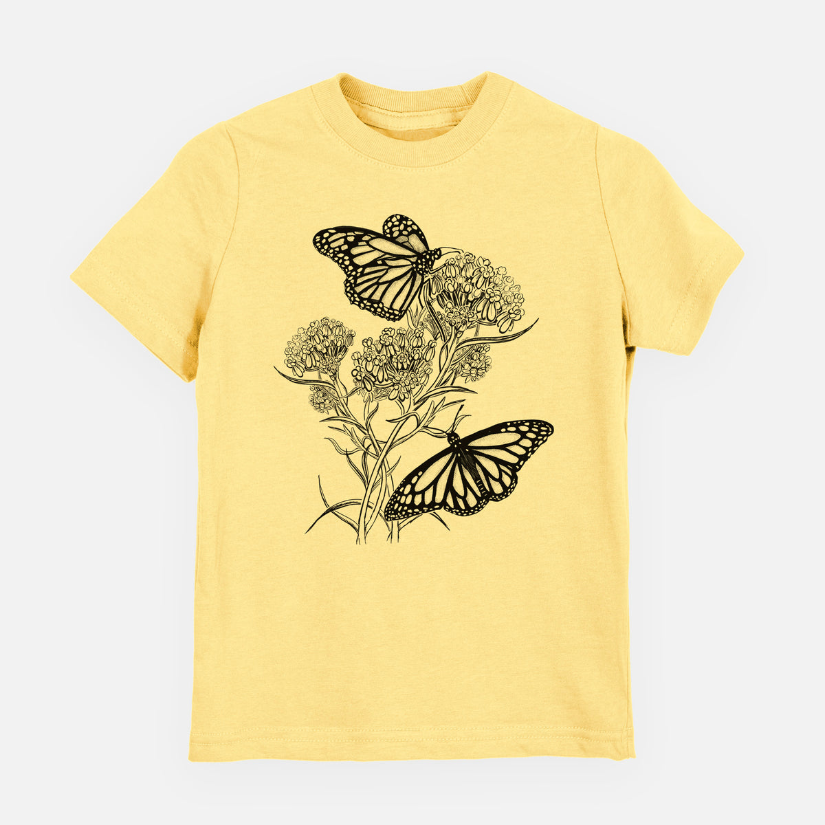 Butter yellow youth t-shirt laid flat, printed with a black ink illustration of two monarch butterflies on flowering milkweed.
