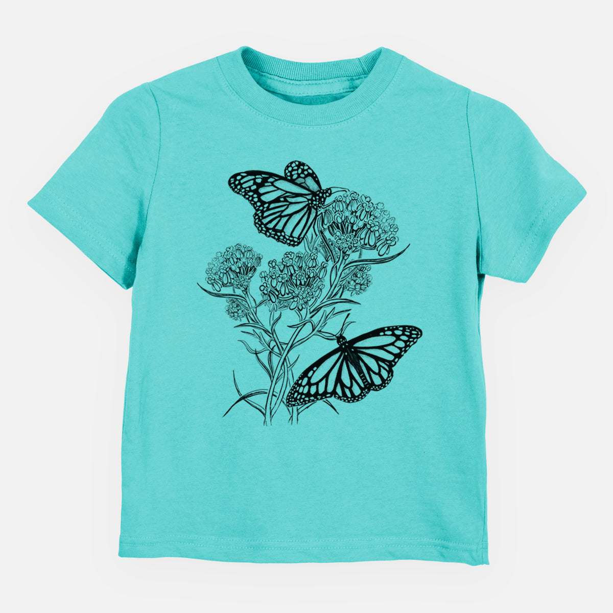 Caribbean blue toddler t-shirt laid flat, printed with a black ink illustration of two monarch butterflies on flowering milkweed.