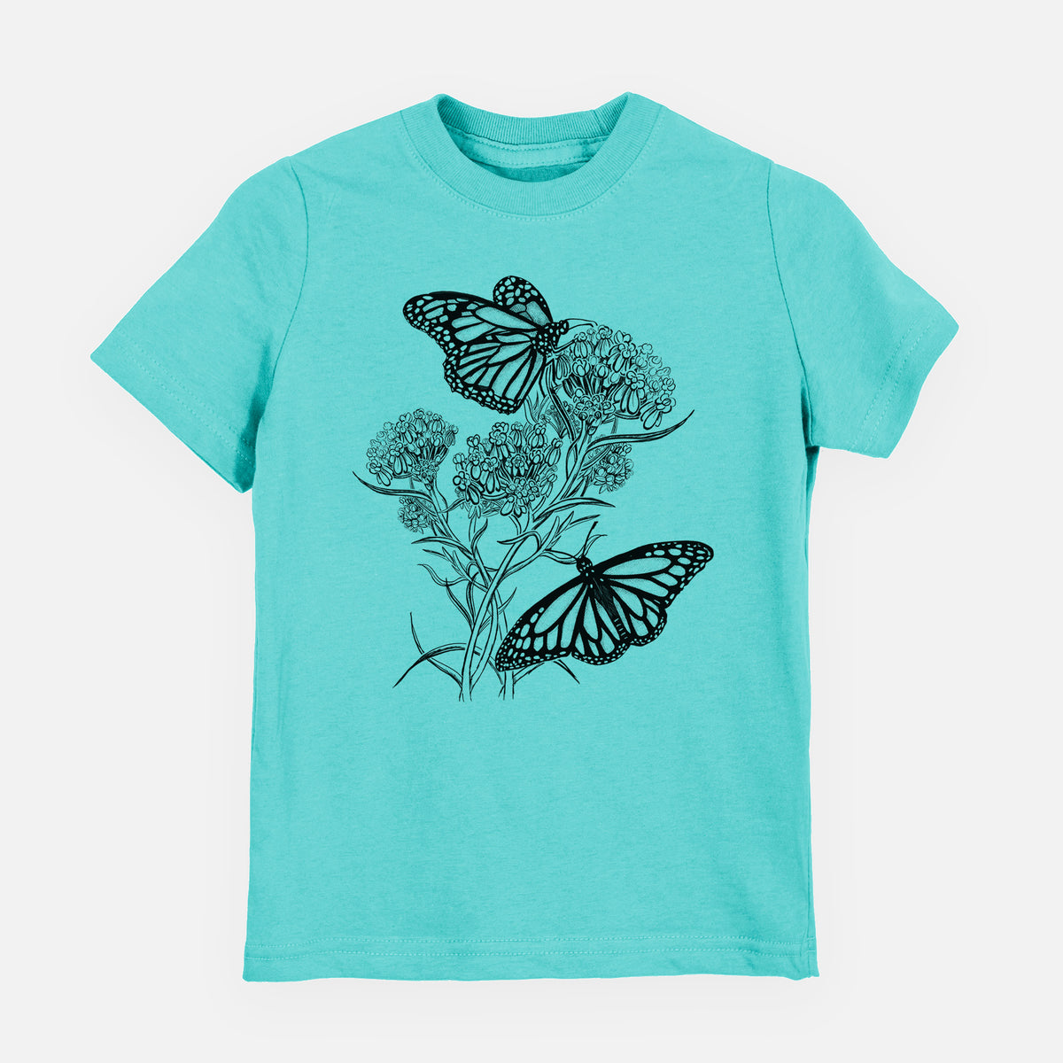 Caribbean blue youth t-shirt laid flat, printed with a black ink illustration of two monarch butterflies on flowering milkweed.