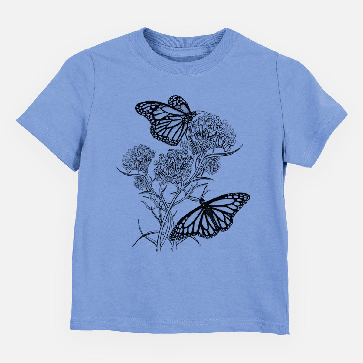 Carolina blue toddler t-shirt laid flat, printed with a black ink illustration of two monarch butterflies on flowering milkweed.