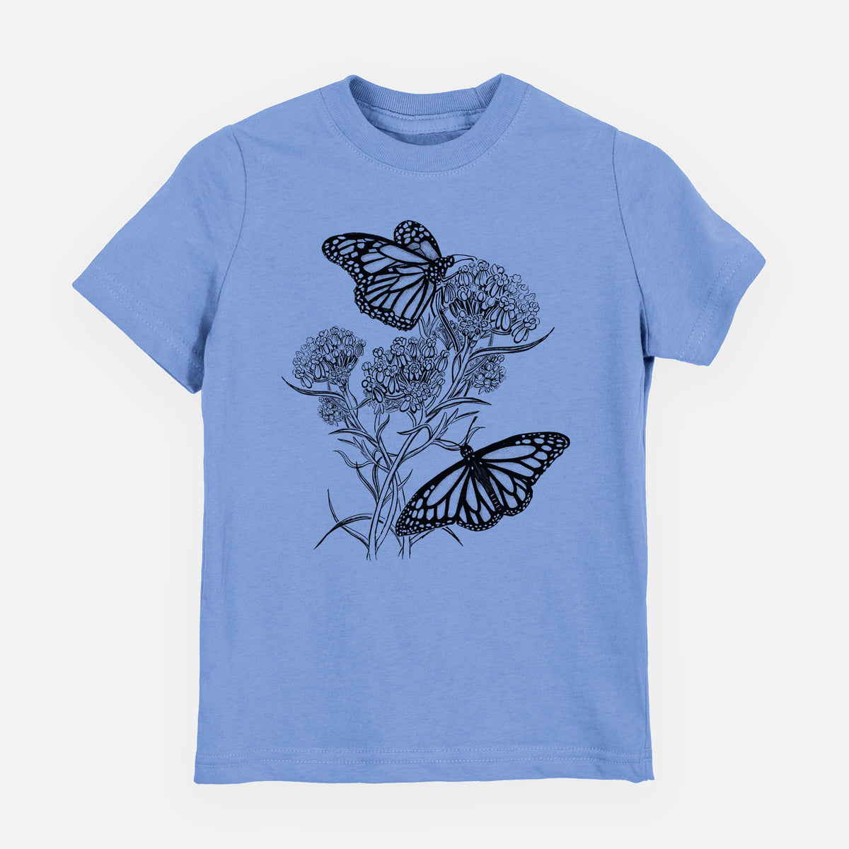 Carolina blue youth t-shirt laid flat, printed with a black ink illustration of two monarch butterflies on flowering milkweed.