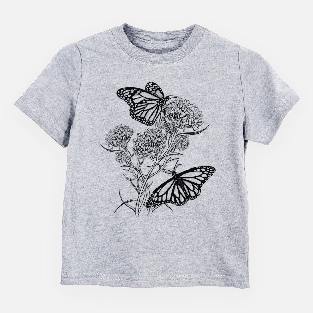 Heather grey toddler t-shirt laid flat, printed with a black ink illustration of two monarch butterflies on flowering milkweed.