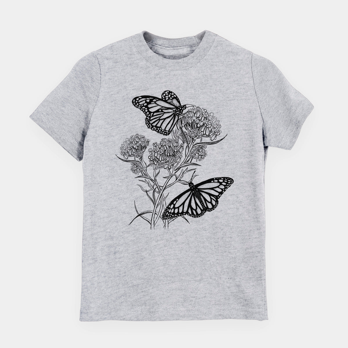 Heather grey youth t-shirt laid flat, printed with a black ink illustration of two monarch butterflies on flowering milkweed.