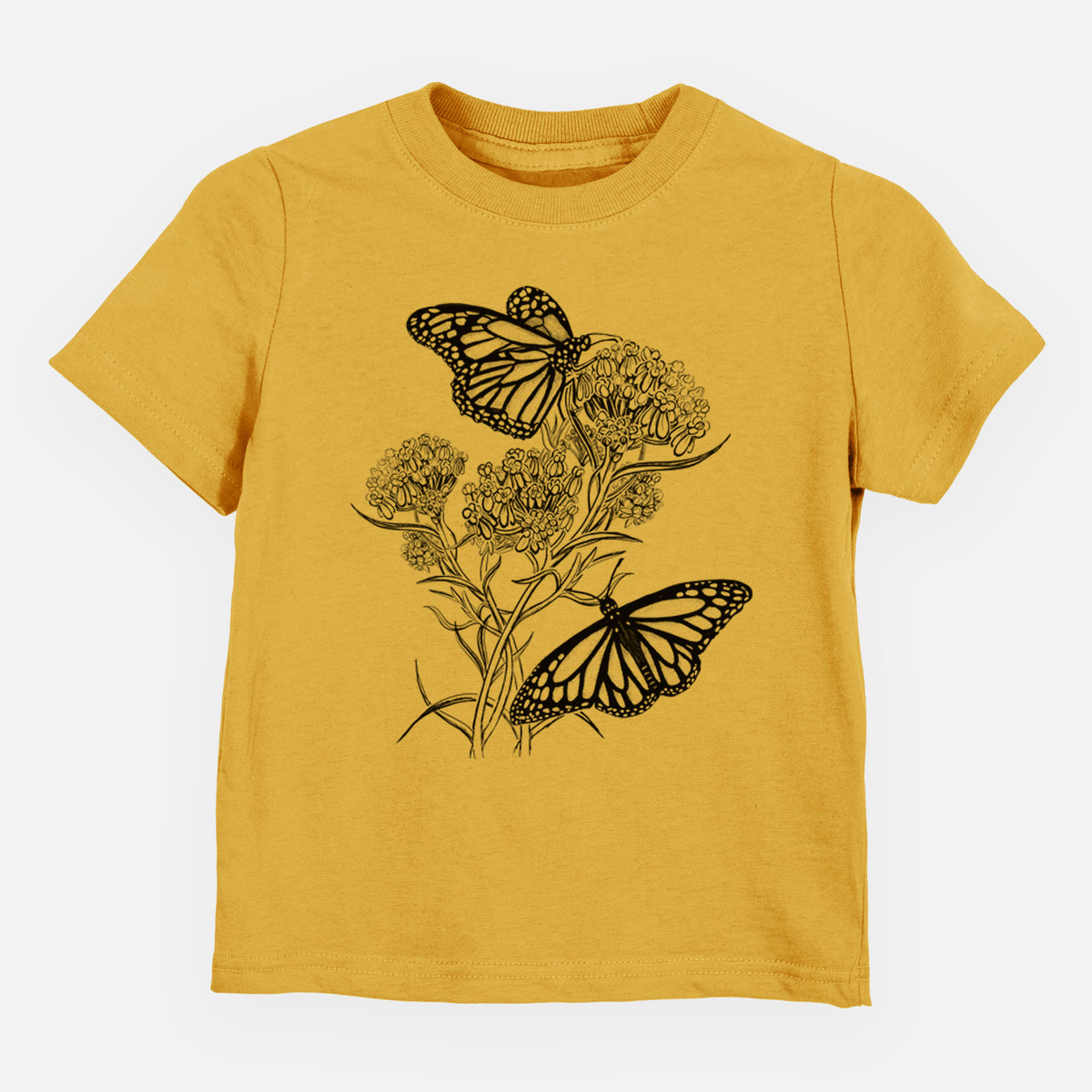 Honeycomb yellow toddler t-shirt laid flat, printed with a black ink illustration of two monarch butterflies on flowering milkweed.
