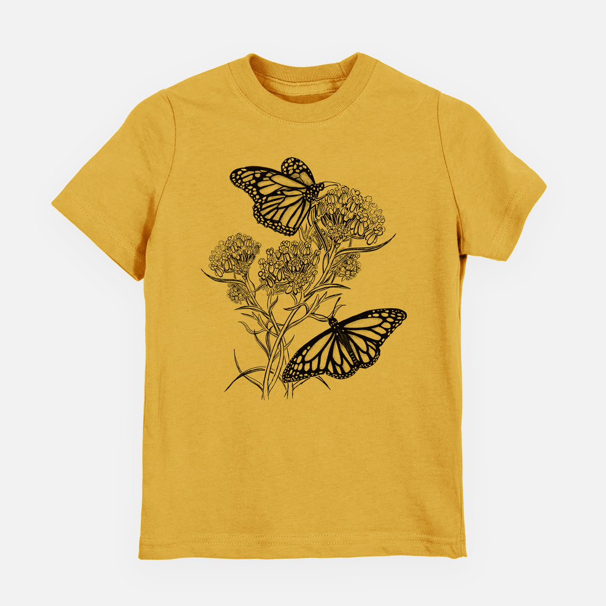 Honeycomb yellow youth t-shirt laid flat, printed with a black ink illustration of two monarch butterflies on flowering milkweed.