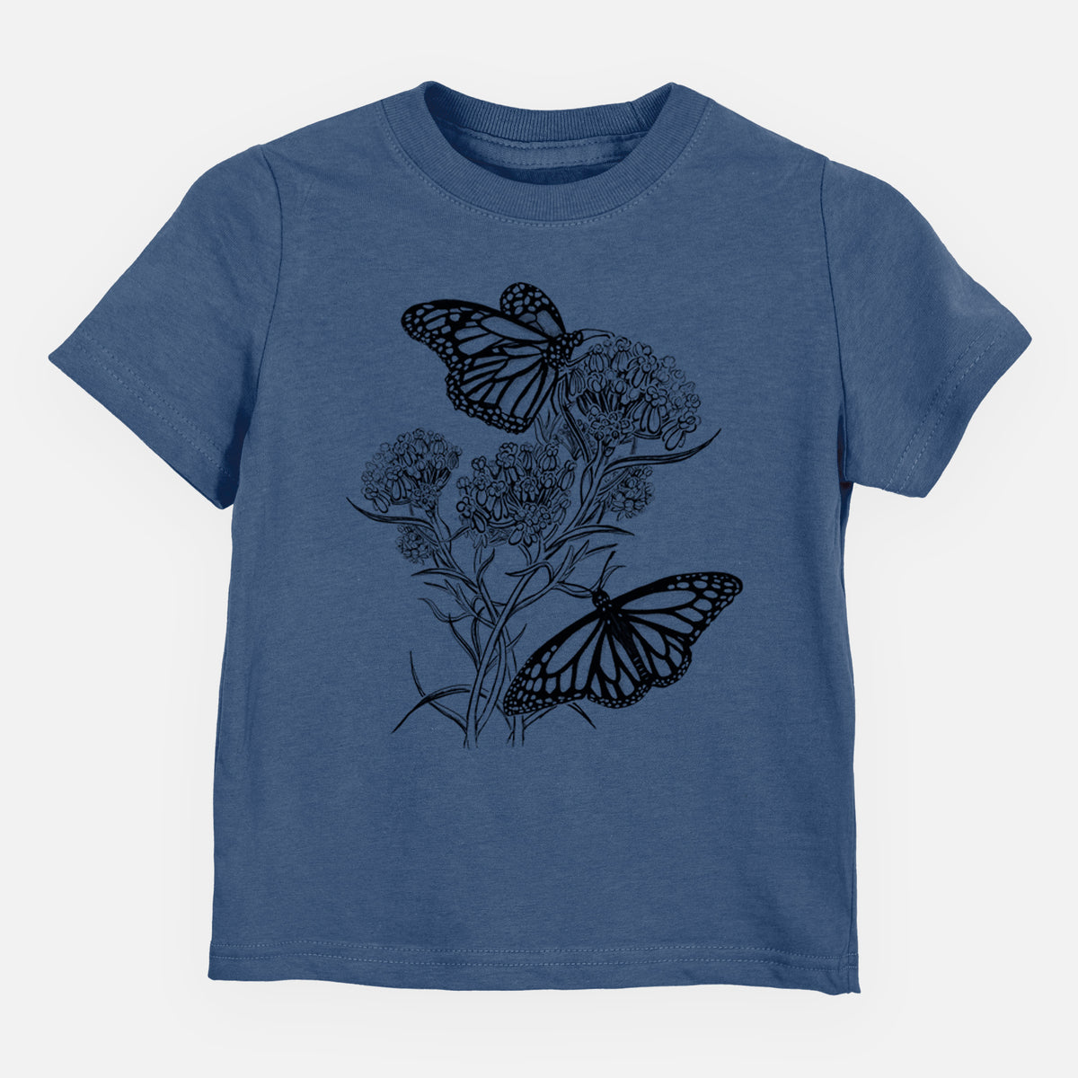 Indigo blue toddler t-shirt laid flat, printed with a black ink illustration of two monarch butterflies on flowering milkweed.