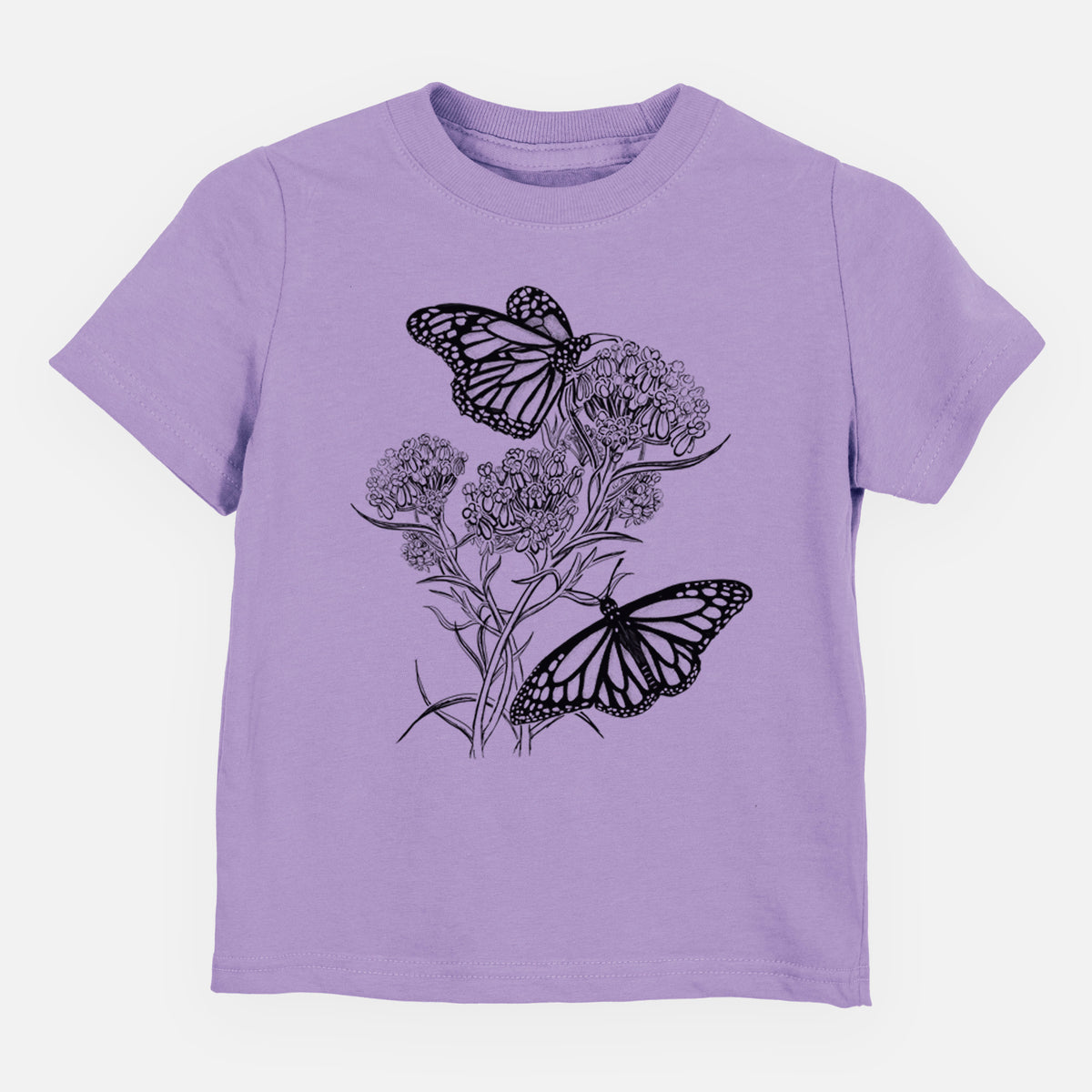 Lavender toddler t-shirt laid flat, printed with a black ink illustration of two monarch butterflies on flowering milkweed.