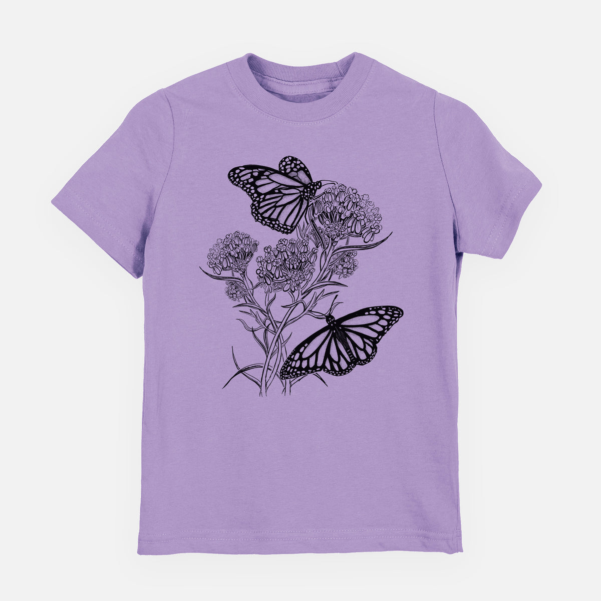 Lavender youth t-shirt laid flat, printed with a black ink illustration of two monarch butterflies on flowering milkweed.
