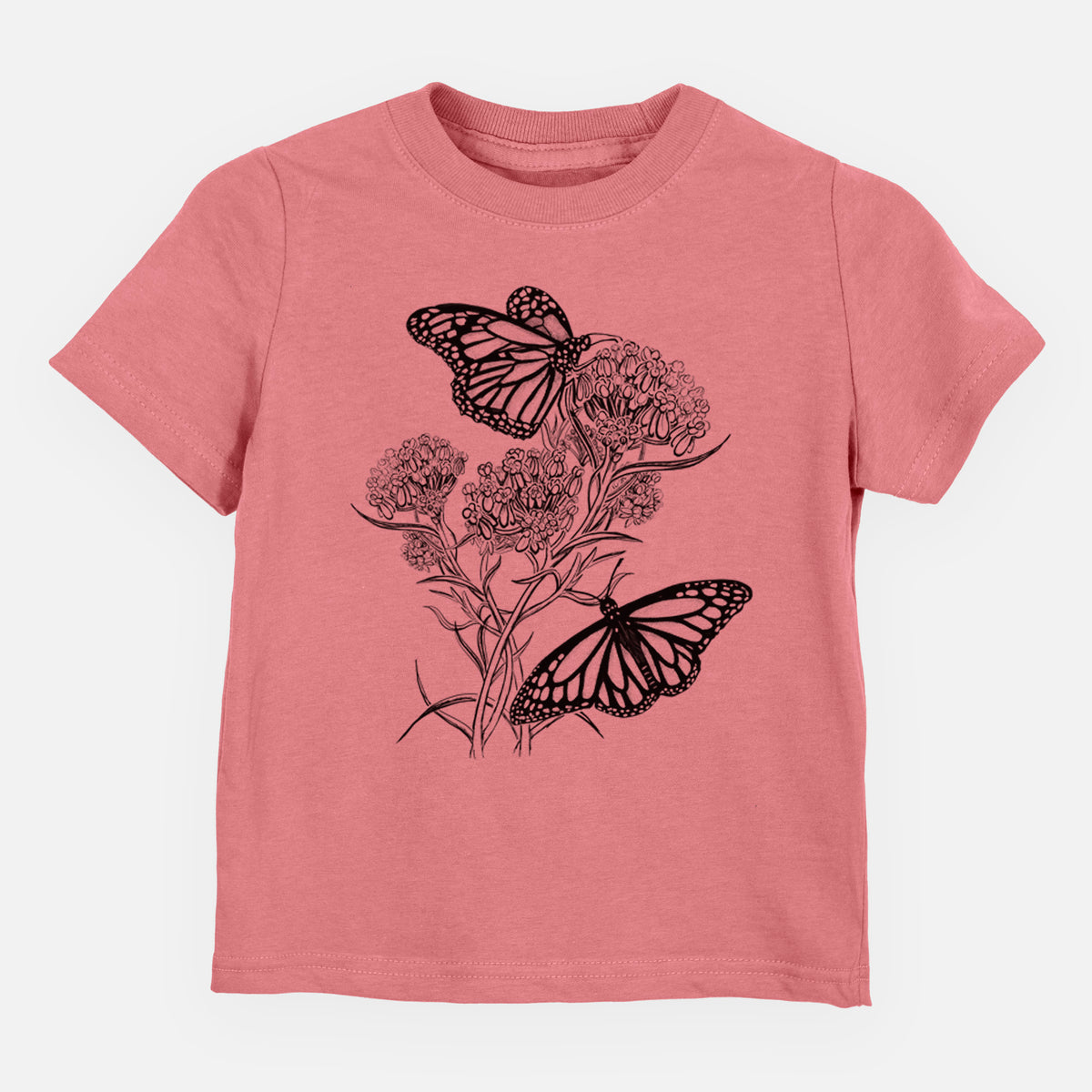 Mauve pink toddler t-shirt laid flat, printed with a black ink illustration of two monarch butterflies on flowering milkweed.
