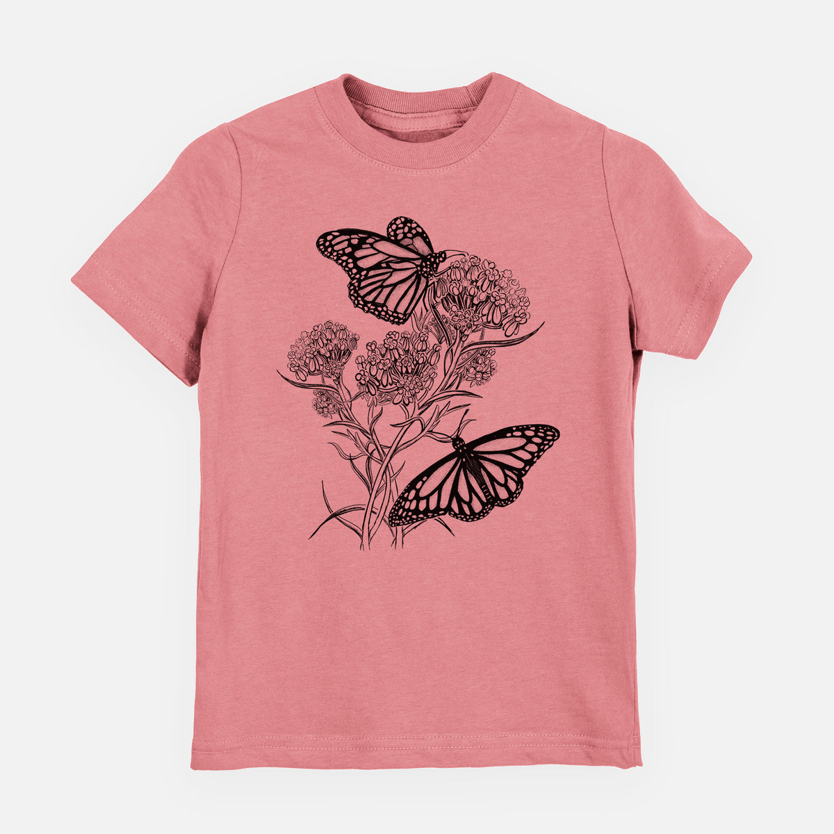 Mauve pink youth t-shirt laid flat, printed with a black ink illustration of two monarch butterflies on flowering milkweed.