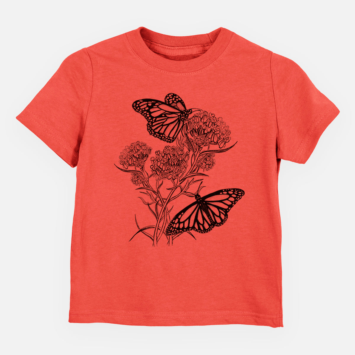 Passionfruit pink toddler t-shirt laid flat, printed with a black ink illustration of two monarch butterflies on flowering milkweed.