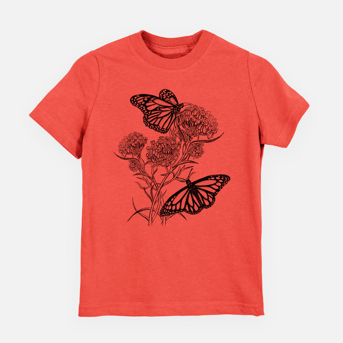 Passionfruit pink youth t-shirt laid flat, printed with a black ink illustration of two monarch butterflies on flowering milkweed.