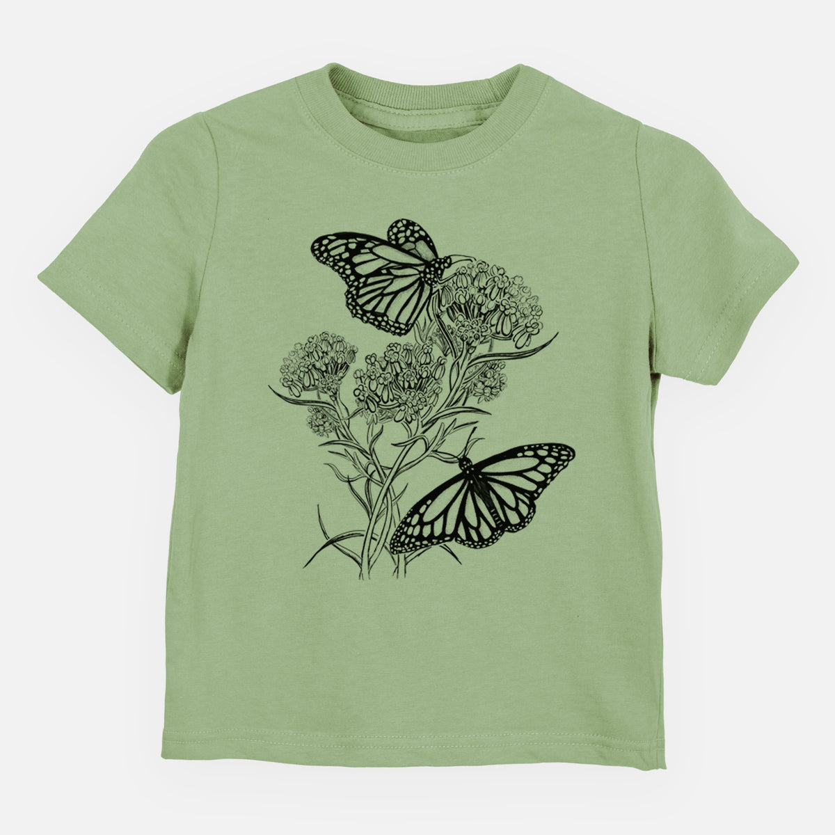 Sage green toddler t-shirt laid flat, printed with a black ink illustration of two monarch butterflies on flowering milkweed.