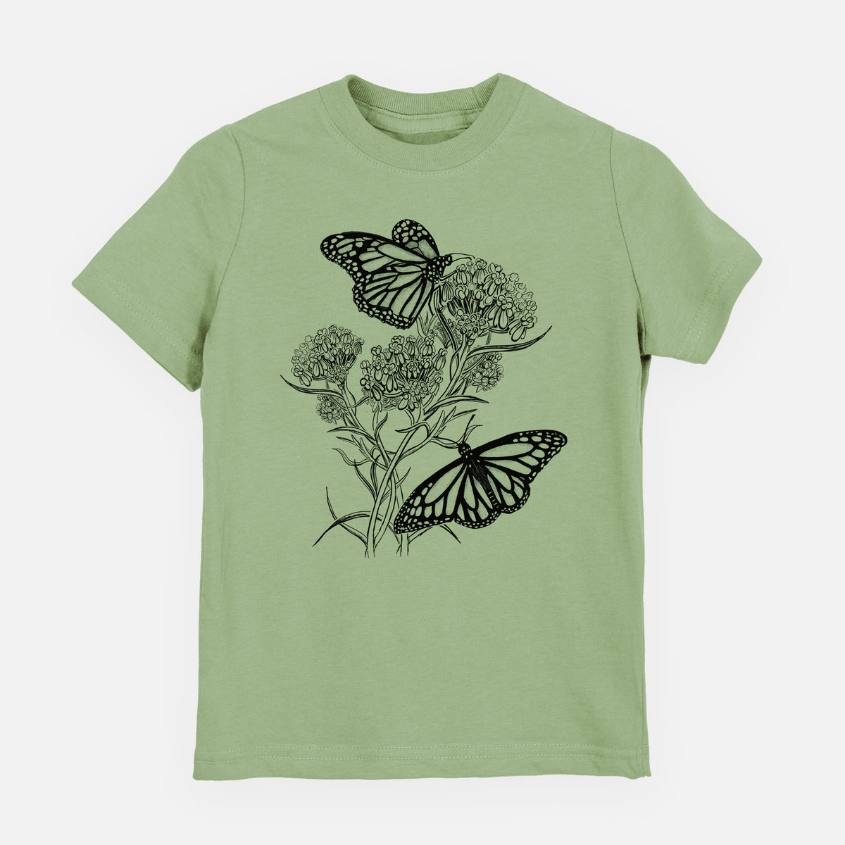 Sage green youth t-shirt laid flat, printed with a black ink illustration of two monarch butterflies on flowering milkweed.