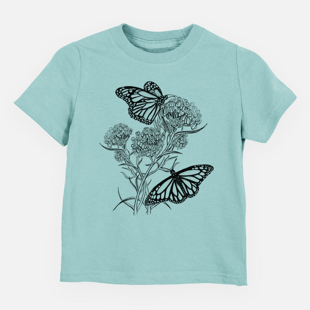 Saltwater toddler t-shirt laid flat, printed with a black ink illustration of two monarch butterflies on flowering milkweed.