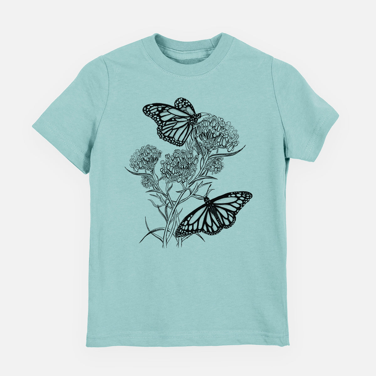 Saltwater youth t-shirt laid flat, printed with a black ink illustration of two monarch butterflies on flowering milkweed.