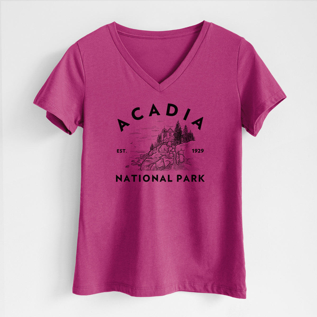 Berry pink women's relaxed fit cotton V-neck t-shirt laid flat, printed with a round badge of a rocky coastline and pine trees, with the words Acadia National Park, Est. 1929.