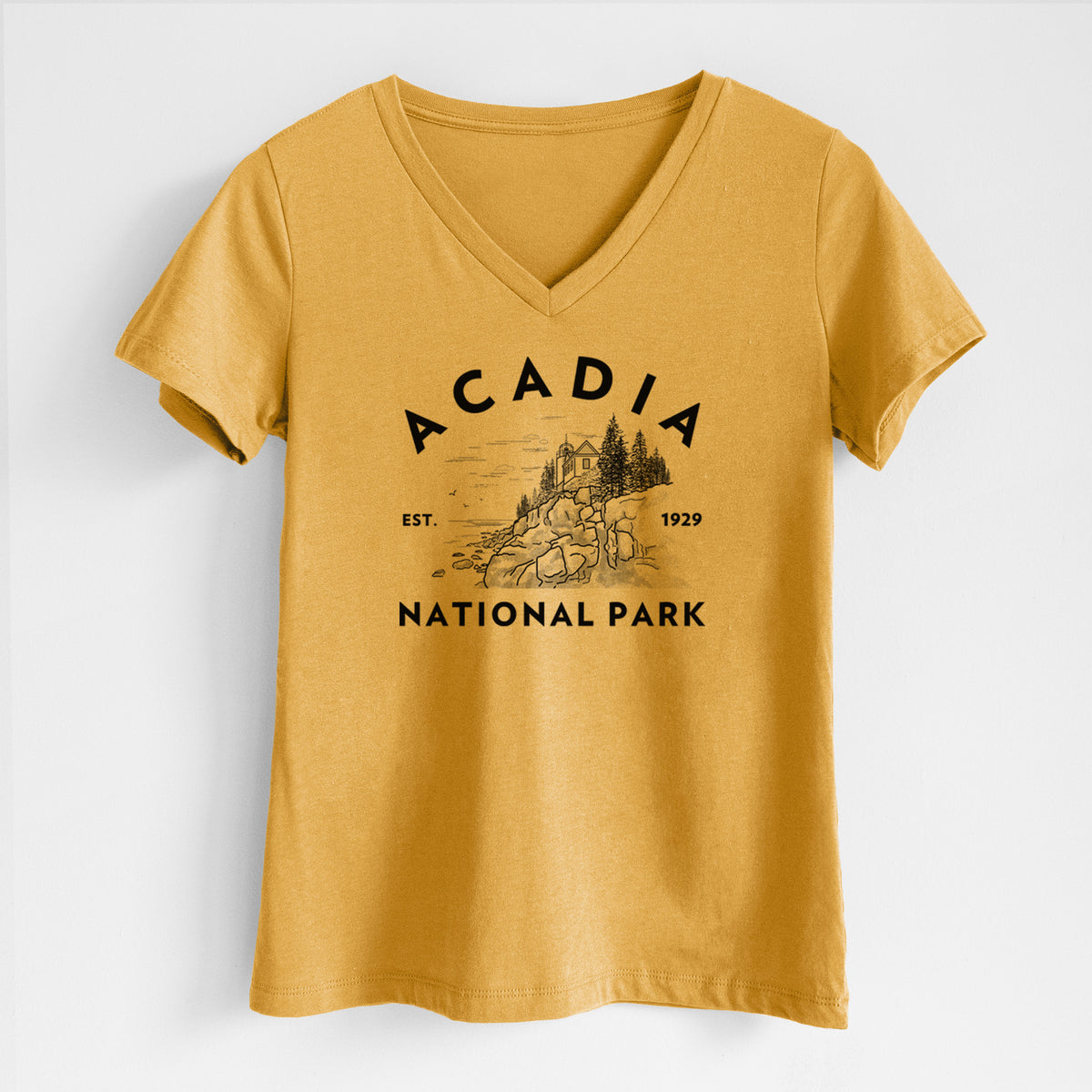 Honeycomb yellow women's relaxed fit cotton V-neck t-shirt laid flat, printed with a round badge of a rocky coastline and pine trees, with the words Acadia National Park, Est. 1929.