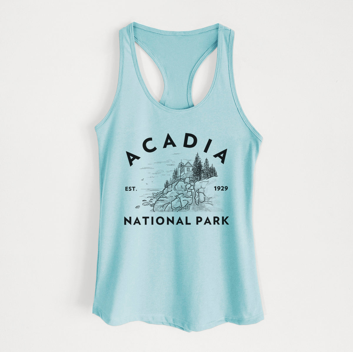 Cancun blue women's racerback tank top laid flat, printed with a round badge of a rocky coastline and pine trees, with the words Acadia National Park, Est. 1929.