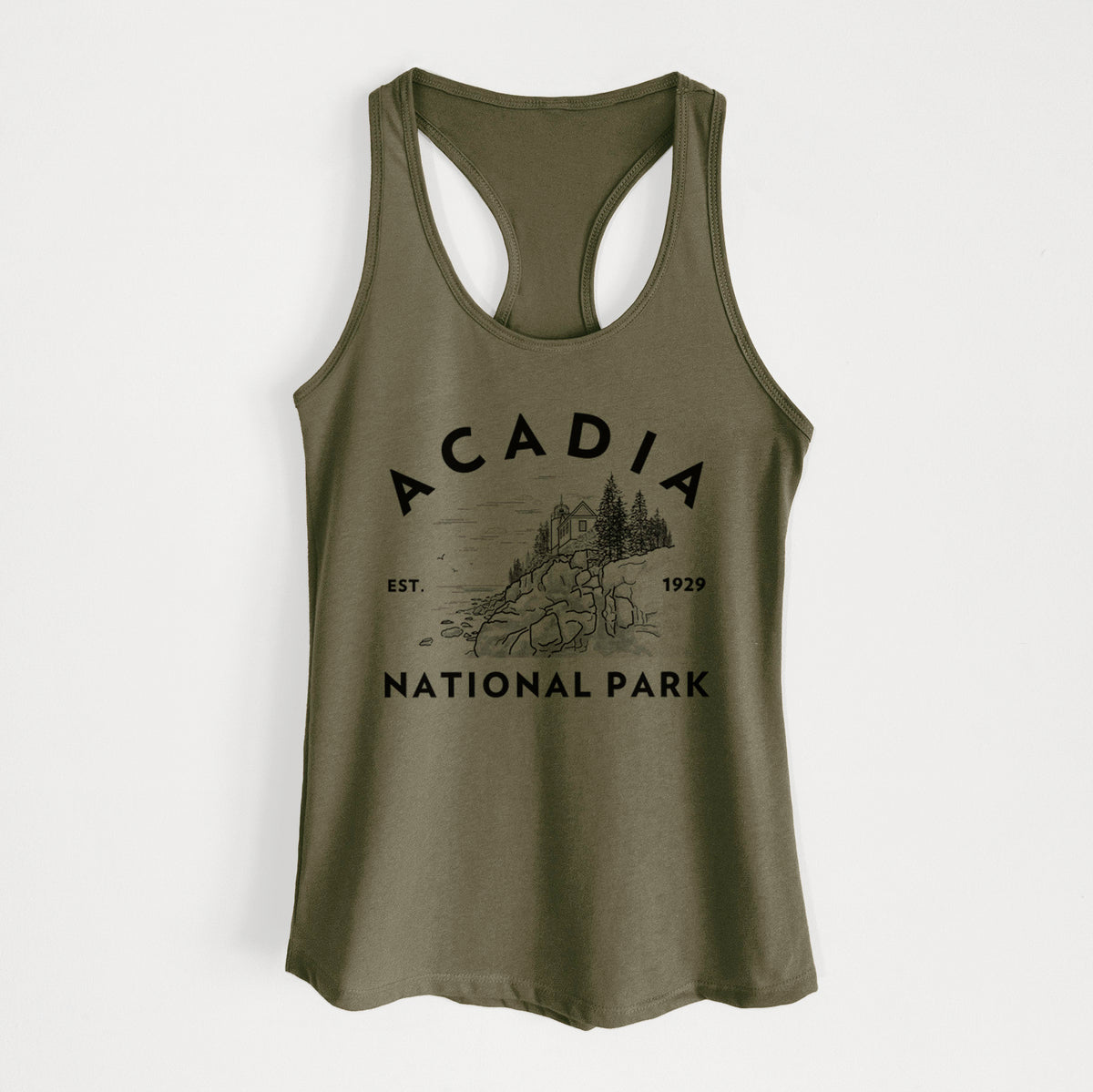 Military green women's racerback tank top laid flat, printed with a round badge of a rocky coastline and pine trees, with the words Acadia National Park, Est. 1929.