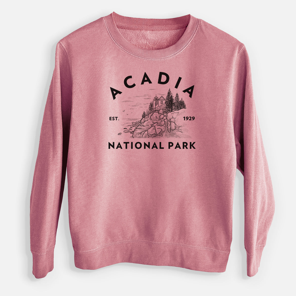 Mauve pink youth crewneck sweatshirt laid flat, printed with a round badge of a rocky coastline and pine trees, with the words Acadia National Park, Est. 1929.