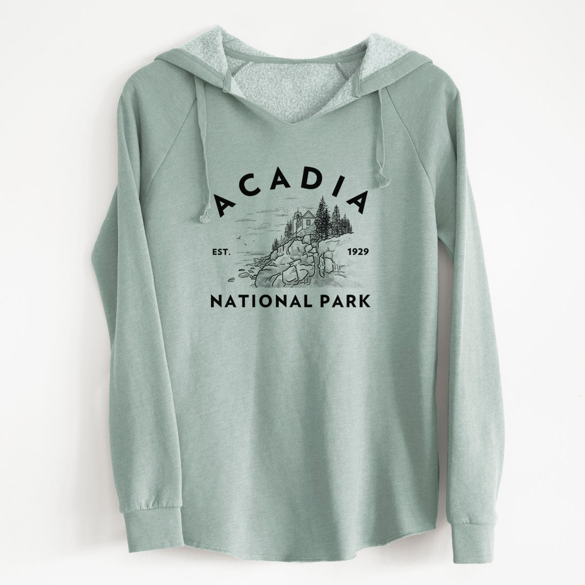 Sage green women's Cali Wave hooded sweatshirt laid flat, printed with a round badge of a rocky coastline and pine trees, with the words Acadia National Park, Est. 1929.