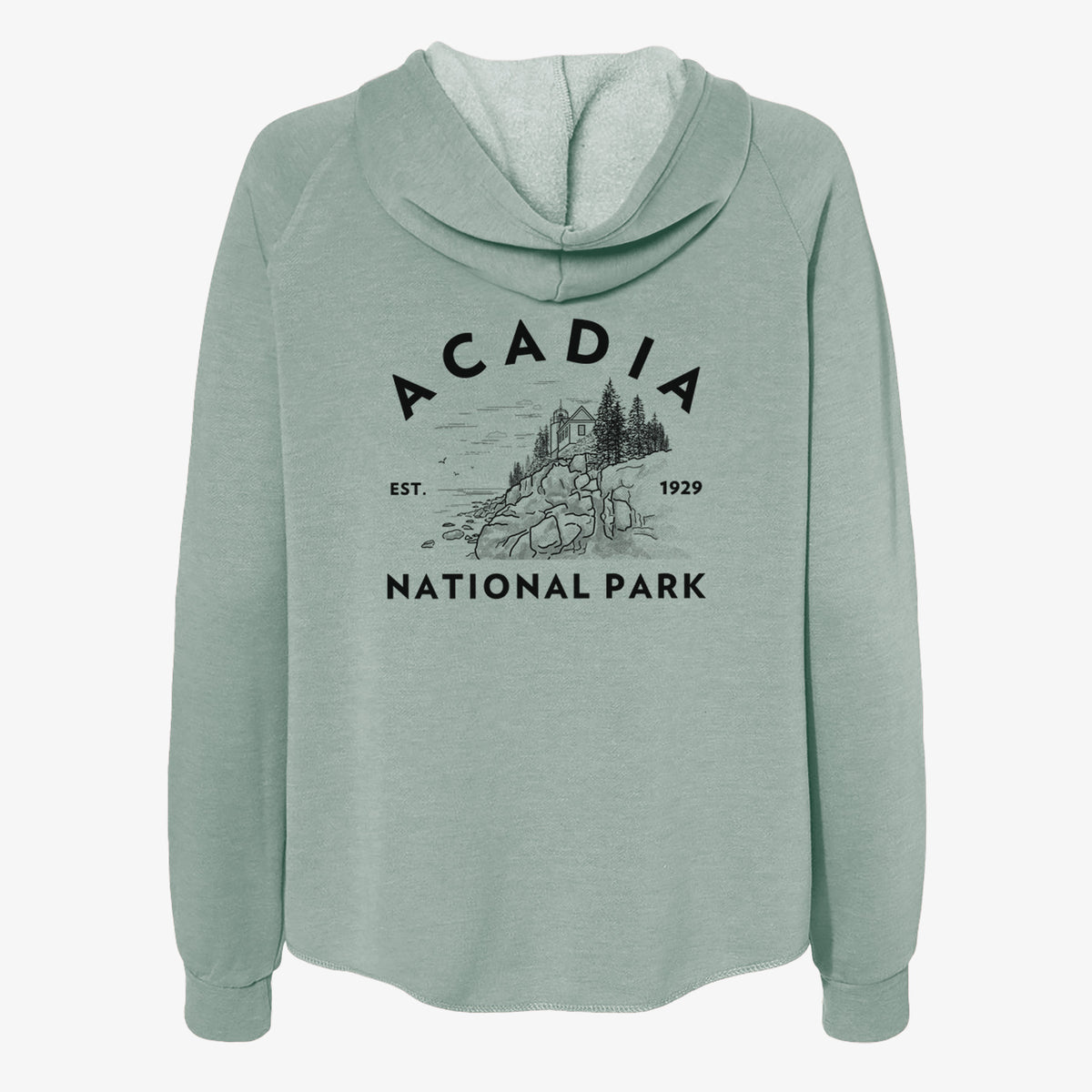 Sage green women's Cali Wave zip-up sweatshirt laid flat, printed with a round badge of a rocky coastline and pine trees, with the words Acadia National Park, Est. 1929.