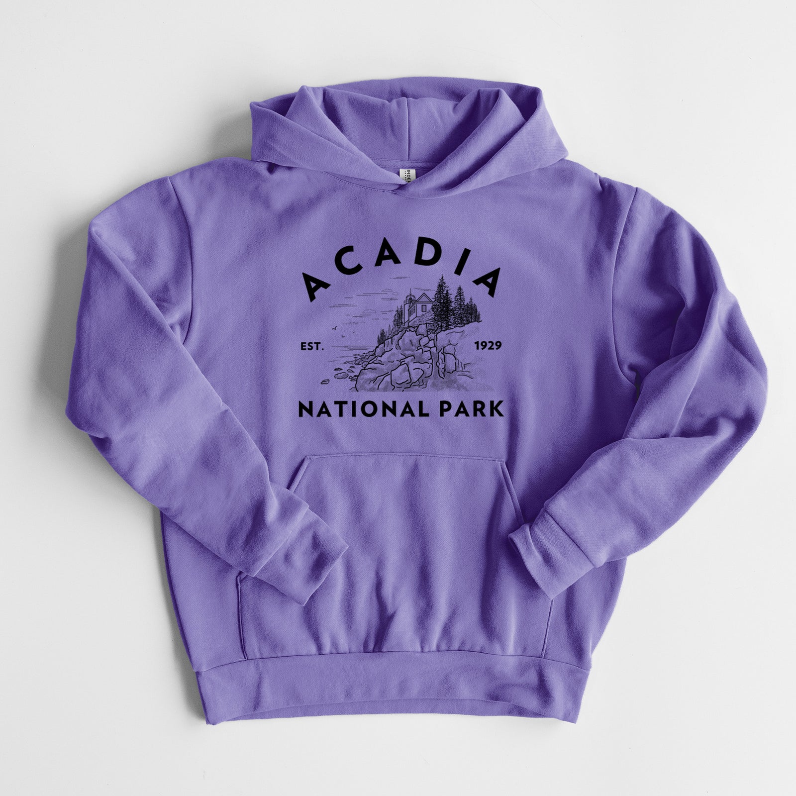 Acadia National Park - Statement Midweight Hoodie in Violet, laid flat, showing the oversized boxy fit and front kangaroo pocket.