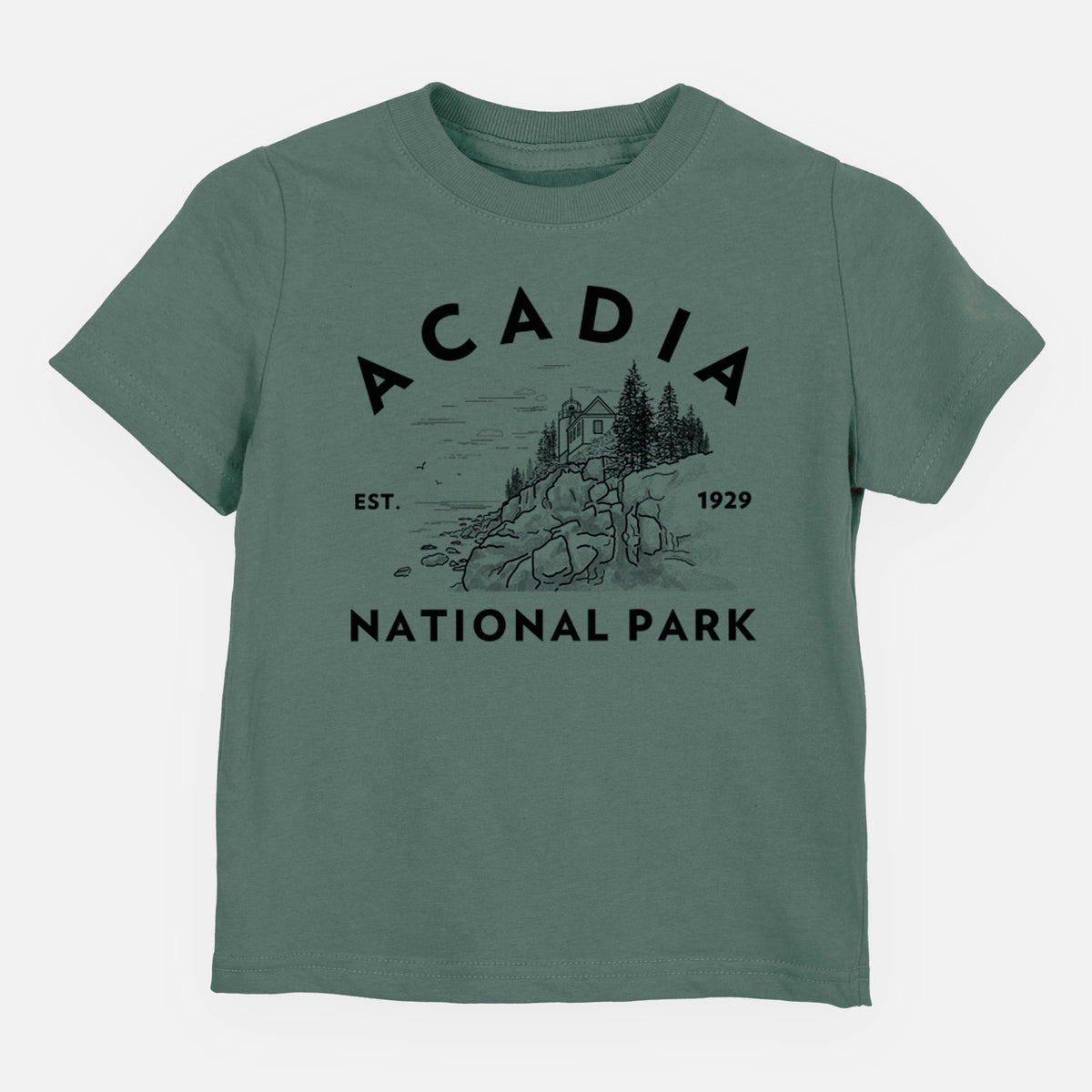 Basil green toddler t-shirt laid flat, printed with a round badge of a rocky coastline and pine trees, with the words Acadia National Park, Est. 1929.
