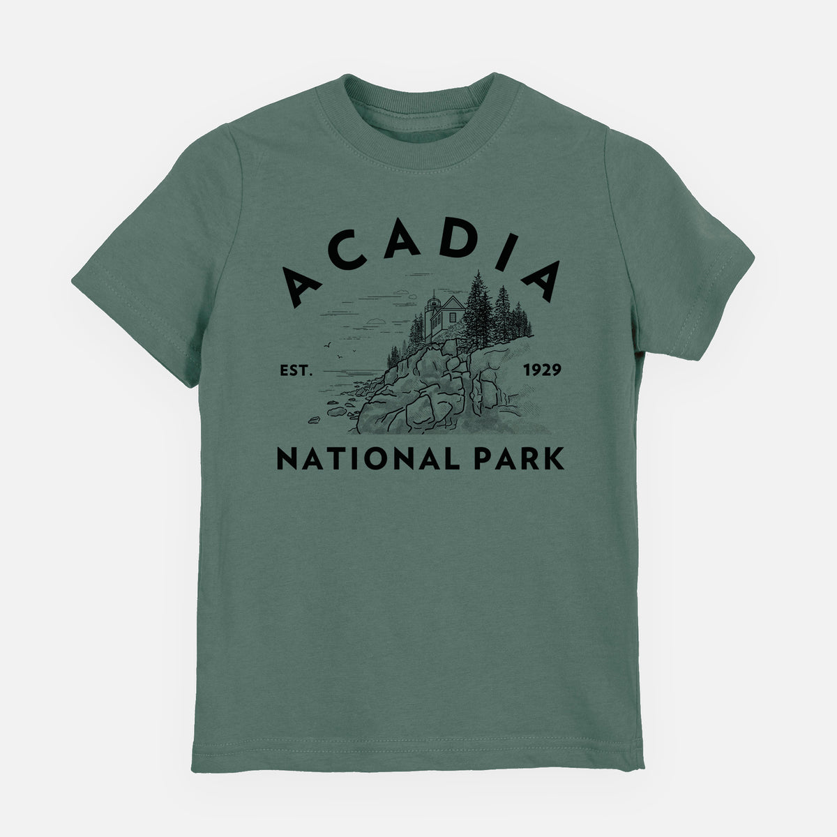 Basil green youth t-shirt laid flat, printed with a round badge of a rocky coastline and pine trees, with the words Acadia National Park, Est. 1929.