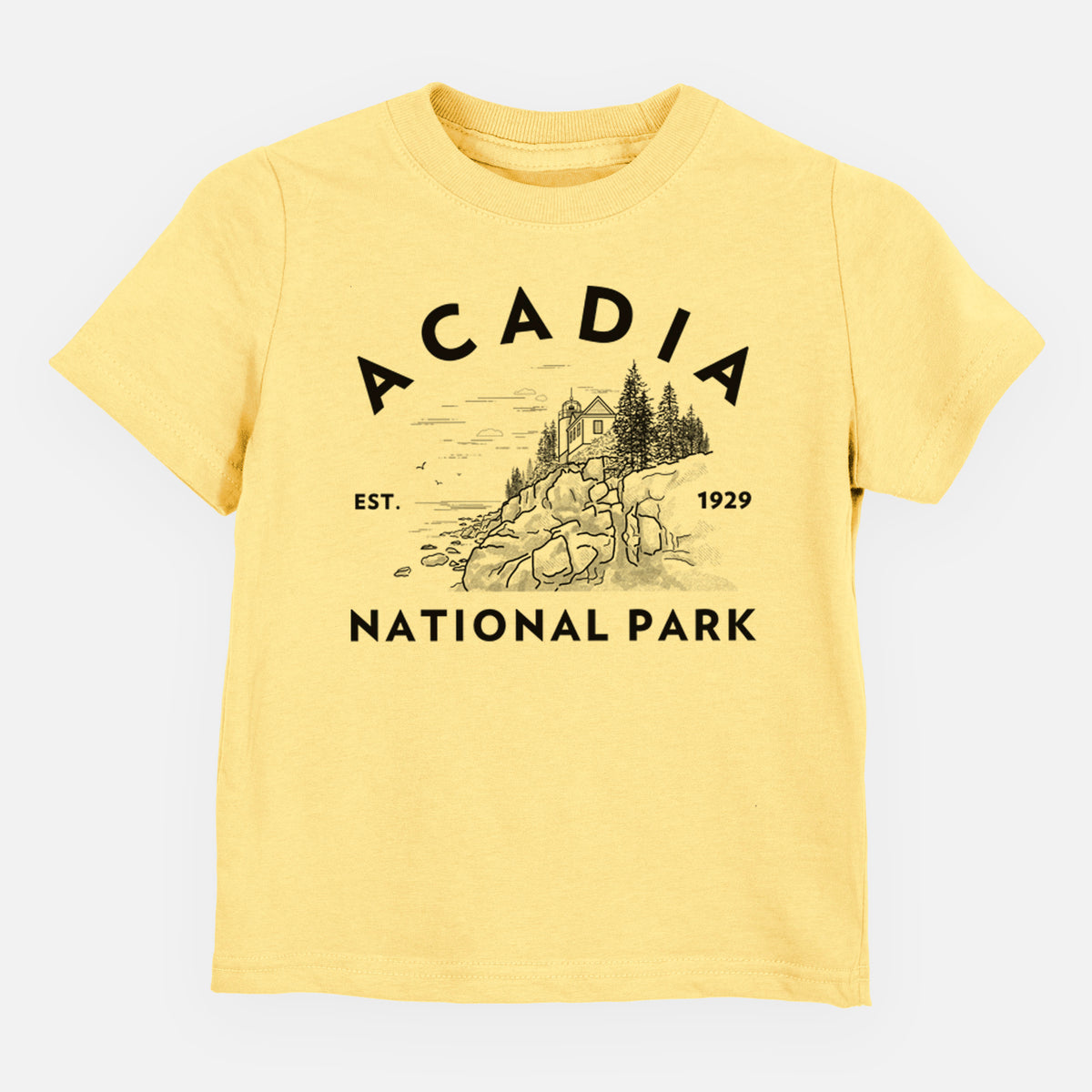 Butter yellow toddler t-shirt laid flat, printed with a round badge of a rocky coastline and pine trees, with the words Acadia National Park, Est. 1929.