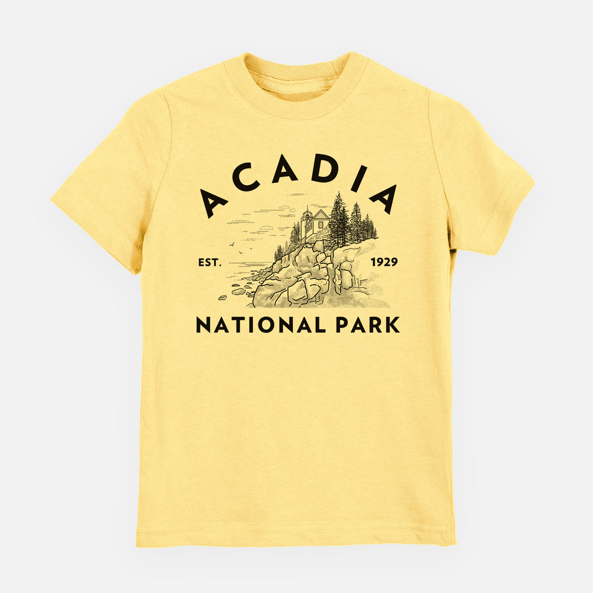 Butter yellow youth t-shirt laid flat, printed with a round badge of a rocky coastline and pine trees, with the words Acadia National Park, Est. 1929.