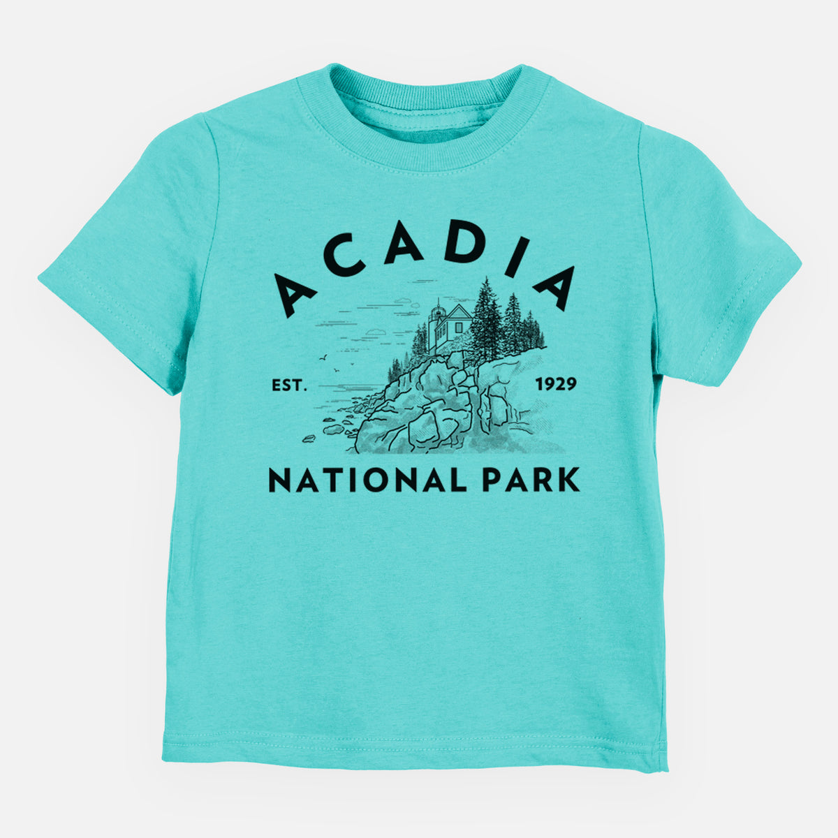 Caribbean blue toddler t-shirt laid flat, printed with a round badge of a rocky coastline and pine trees, with the words Acadia National Park, Est. 1929.