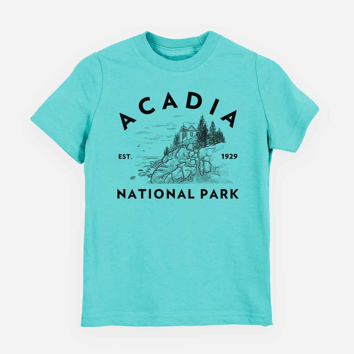 Caribbean blue youth t-shirt laid flat, printed with a round badge of a rocky coastline and pine trees, with the words Acadia National Park, Est. 1929.