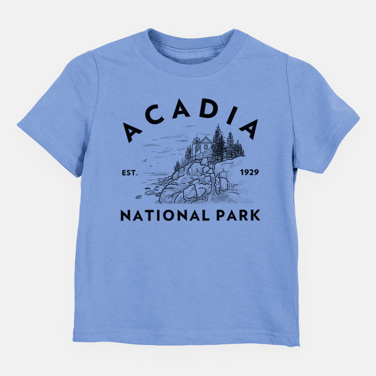 Carolina blue toddler t-shirt laid flat, printed with a round badge of a rocky coastline and pine trees, with the words Acadia National Park, Est. 1929.